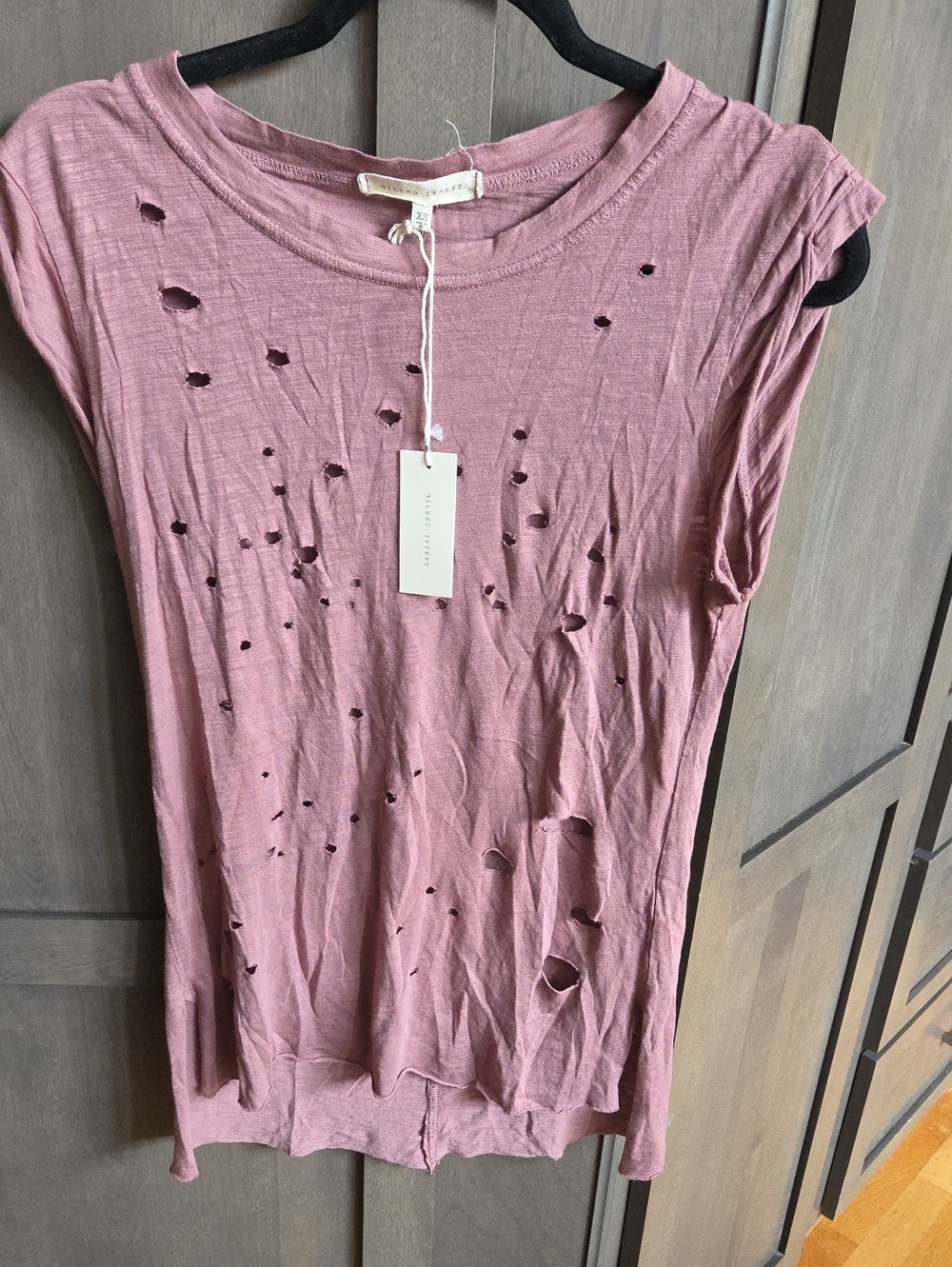 Gilded Intent Distressed Hole-Detail Short Sleeve Tee in Dusty Rose
